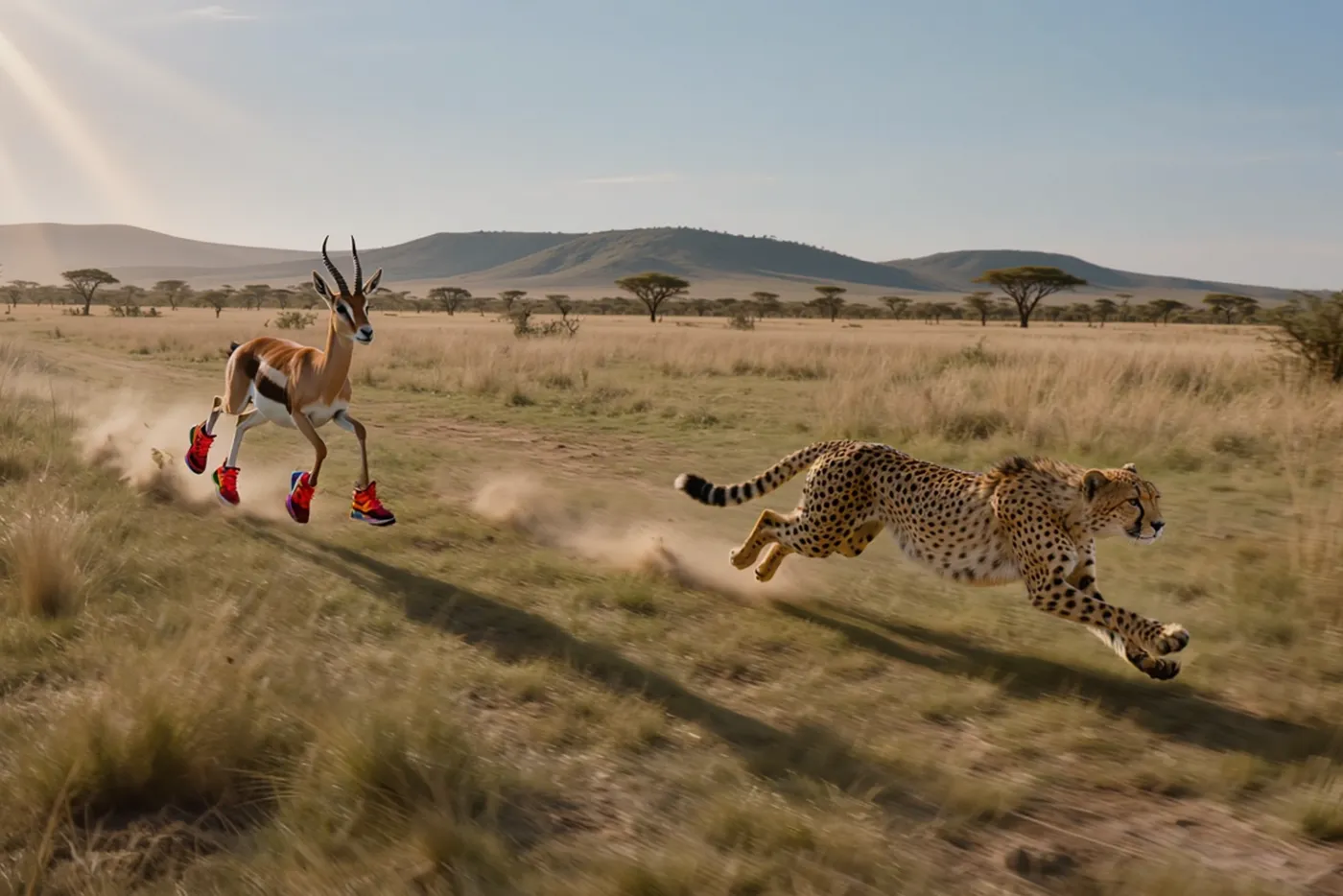 Eine Antilope jagt einen Gepard durch die Savanne; die Antilope trägt auffällige bunte Turnschuhe und beide Tiere wirbeln ein wenig Staub auf.