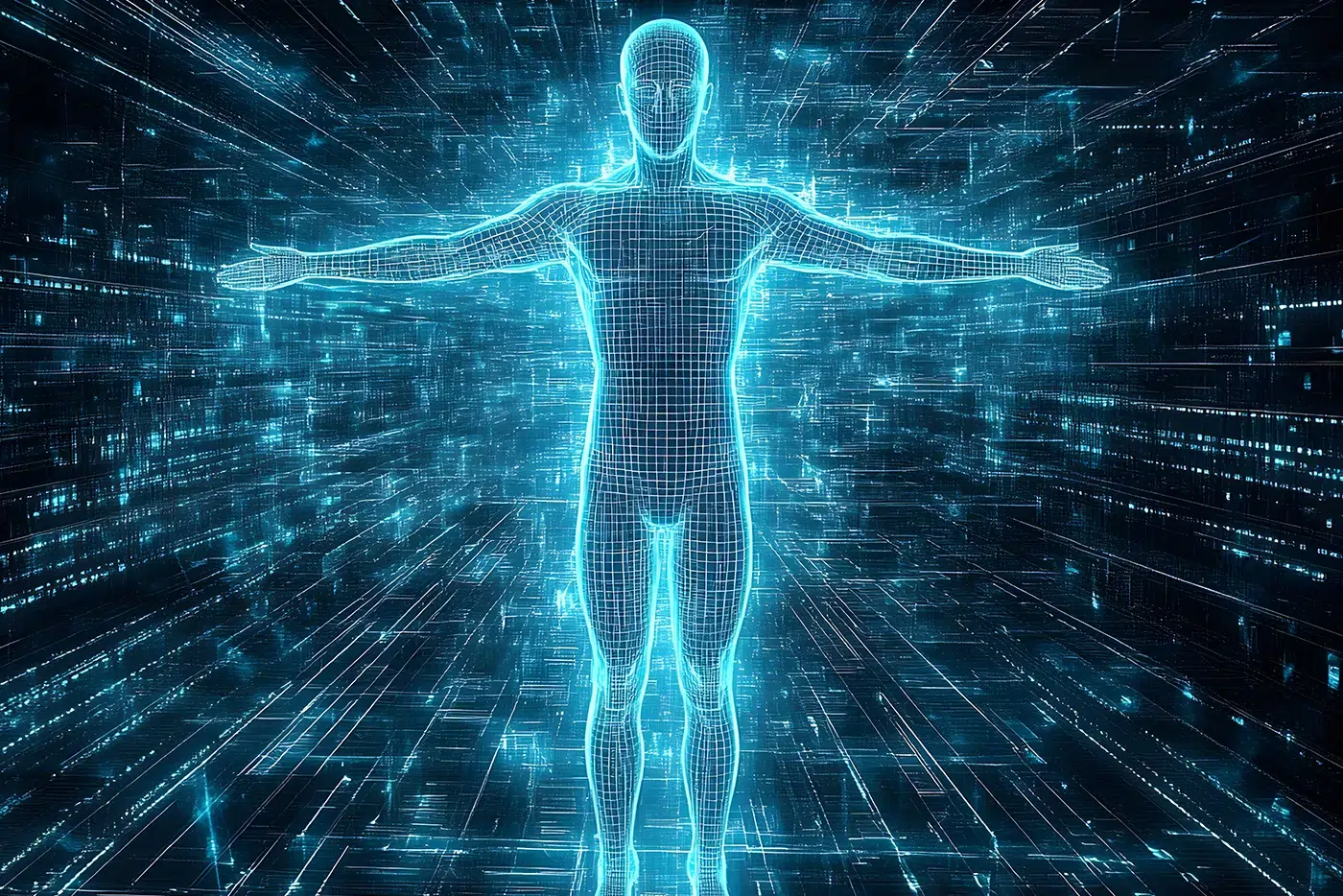 Leuchtende, digitale Darstellung eines menschlichen Körpers als Drahtgittermodell in einer futuristischen, datenbasierten Umgebung.
